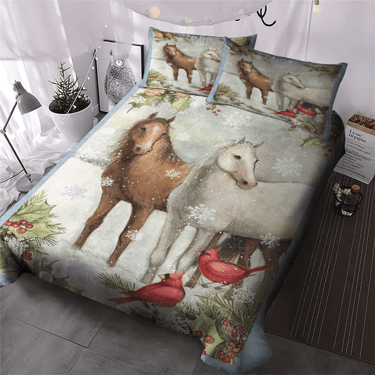Colorful Horse Soft Duvet Cover Set, Christmas Tree Bedding set, Christmas Horse And Cardinal Bedding Set, Gifts for Horse