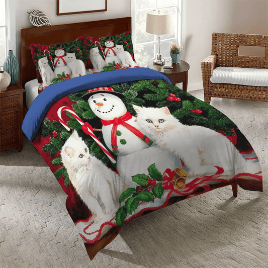 Cat Queen Size Bedding Set, Snowman King Size Bedding Set, Christmas Soft Duvet Cover Set, Snowman White Cat Bedding Set, Gifts for Cat