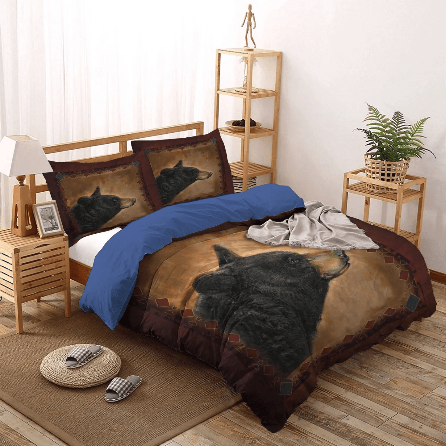 Cute Bear Bedding set, Live Love Lodge Soft Duvet Cover Set, Blue Cat Lodge Queen Size Bedding Set, Black Bear Lodge Bedding Set, Gifts for Lodge
