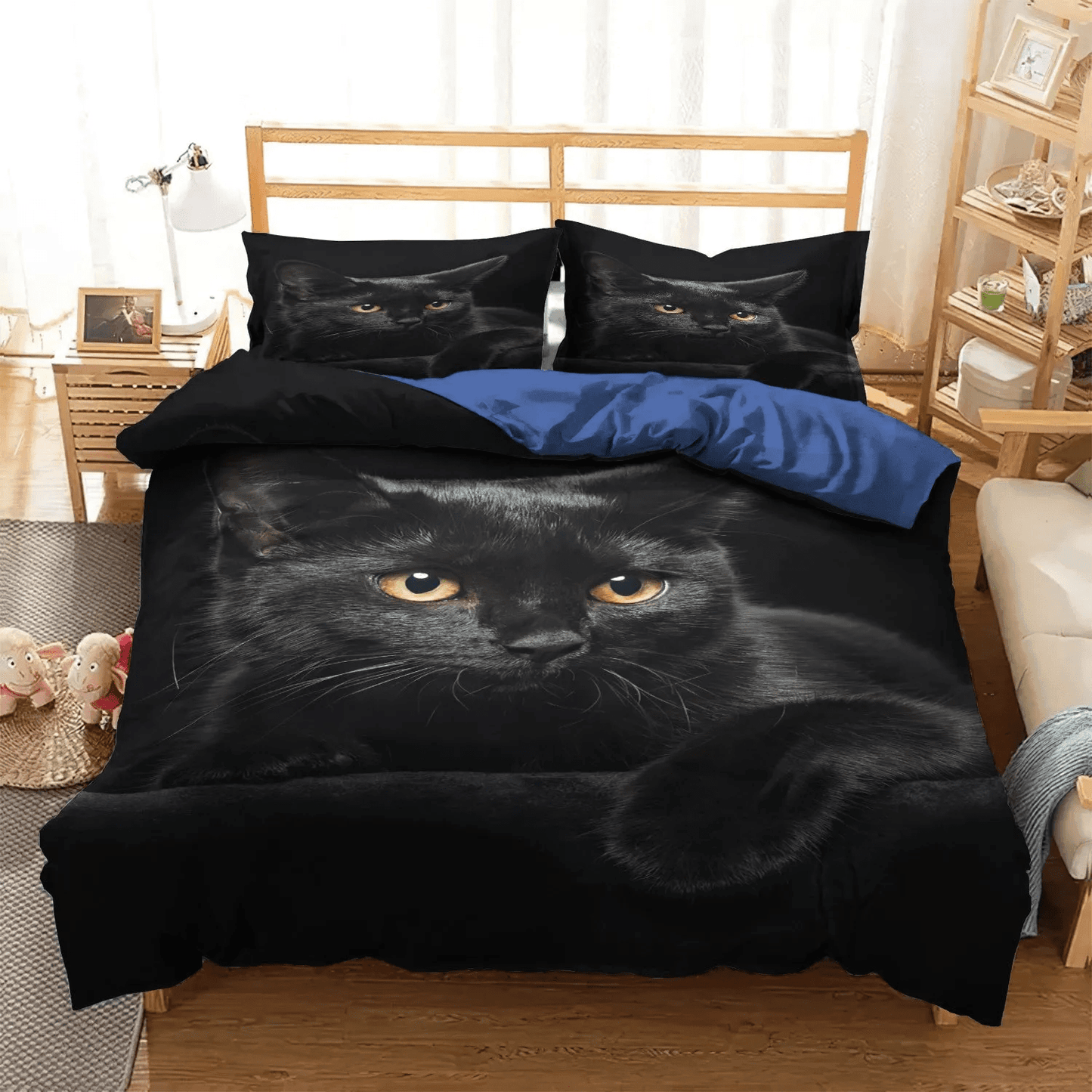 Happy Black Cat Soft Duvet Cover Set, Halloween Black Cat Spiral King Size Bedding Set, Black Cat Bedding Set, Gifts for Black Cat