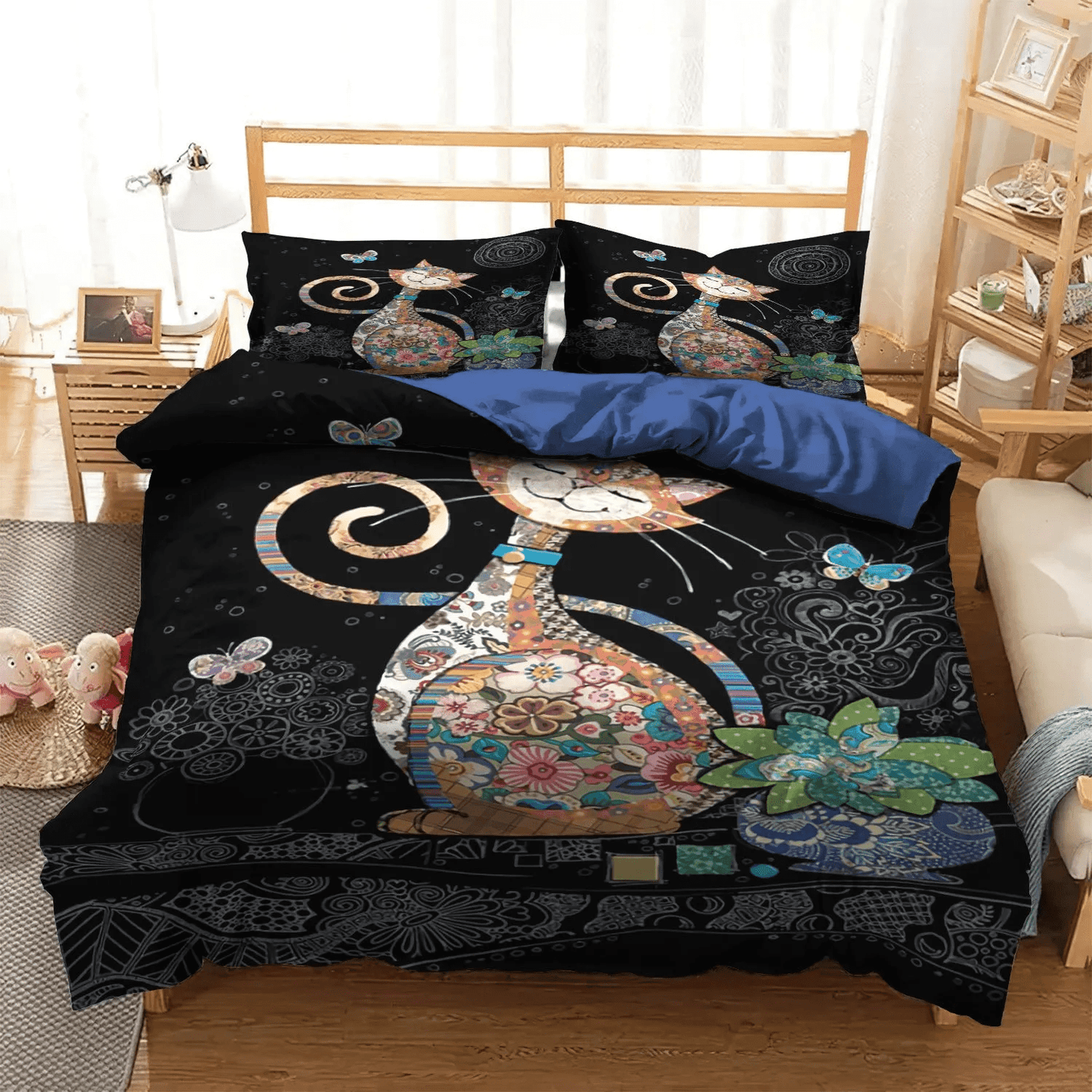 Butterfly Queen Size Bedding Set, Cat Tracks Soft Duvet Cover Set, Cat King Size Bedding Set, Cat Butterfly Bedding Set, Gifts for Cat