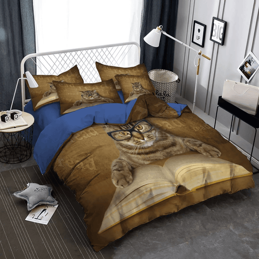 Cat Tracks Bedding set, Reading Soft Duvet Cover Set, Book Worm King Size Bedding Set, Cat Reading Book DNT Bedding Set, Gifts for Book
