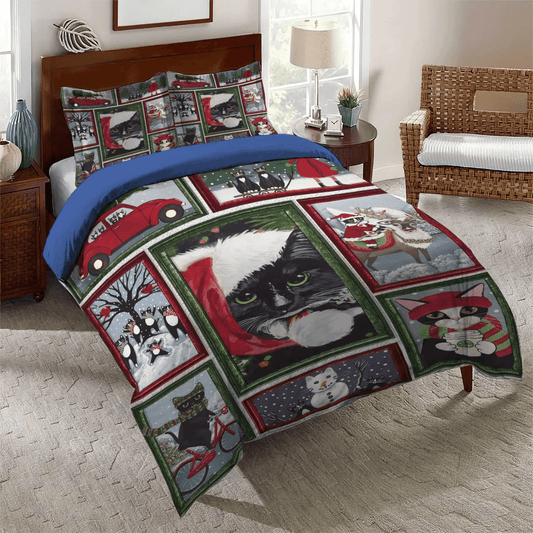 Cat Tracks Soft Duvet Cover Set, Cat Queen Size Bedding Set, Christmas Penguin King Size Bedding Set, Christmas Cat Bedding Set, Gifts for Cat