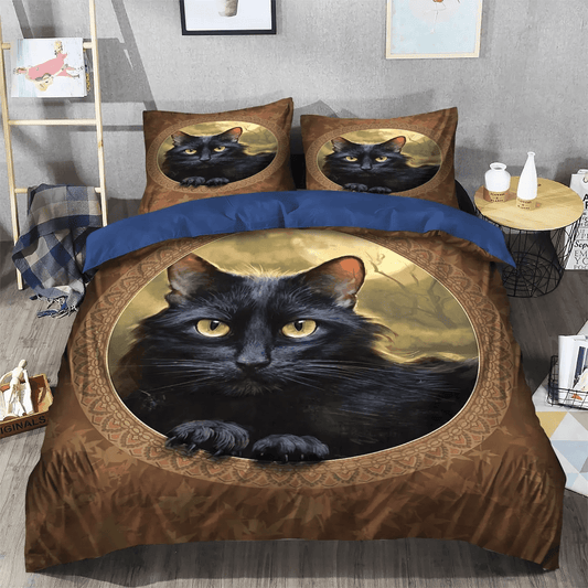 Black Cat Soft Duvet Cover Set, Autumns Queen Size Bedding Set, Happy Black Cat Bedding set, Black Cat Autumn Bedding Set, Gifts for Autumn