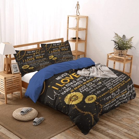 Personalized 3-piece Duvet Cover Bedding Set  Giraffes Make My Daughter Happy Queen Size Bedding Set, Sunflower To My Daughter Never Forget That I Love You Bedding Set, Gifts for Daughter