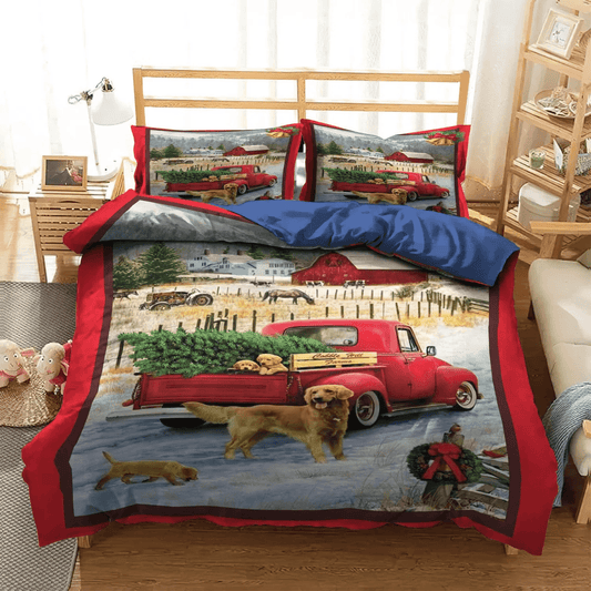 Golden Retriever Dog Queen Size Bedding Set, Truck Soft Duvet Cover Set, Red Bedding set, Red Truck Golden Retrie Bedding Set, Gifts for Truck