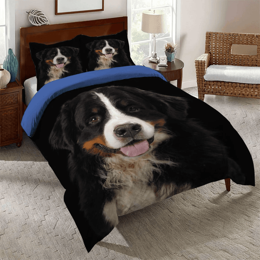 Cute Sleeping Chibi Dog Soft Duvet Cover Set, Bernese Mountain Lover Floral King Size Bedding Set, Bernese Mountain Dog Bedding Set, Gifts for Dog