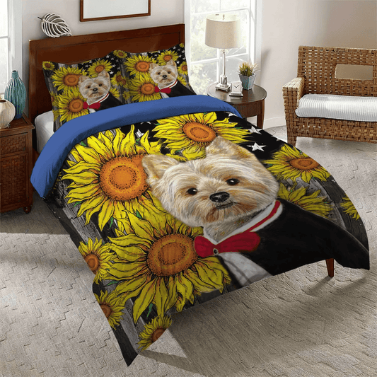 Personalized 3-piece Duvet Cover Bedding Set  Yorkshire Terrier Mom Queen Size Bedding Set, Flowers Bedding set, Yorkshire Sunflowers Bedding Set, Gifts for Yorkshire
