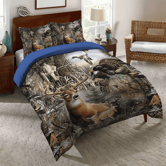 Dear Deer Stag Head Queen Size Bedding Set, Deer Soft Duvet Cover Set, American Flag Deer Hunting Bed Sheets, Gifts for Deer