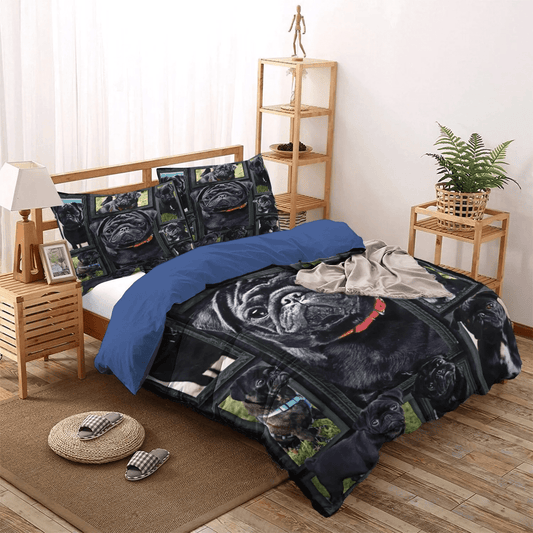 Funny Pug Dog King Size Bedding Set, Pug Lover Queen Size Bedding Set, Pug Soft Duvet Cover Set, Black Pug Bedding Set, Gifts for Pug
