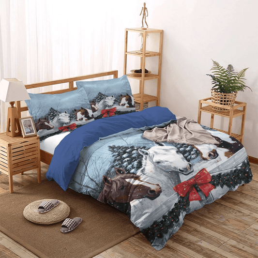 Christmas Bedding set, Merry Christmas Quotes Soft Duvet Cover Set, Horse Christmas Bedding Set, Gifts for Christmas