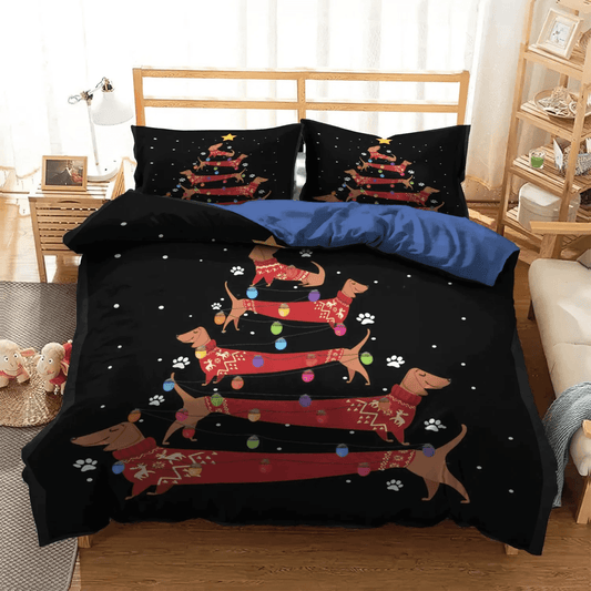 Cute Sleeping Chibi Dog Soft Duvet Cover Set, Dachshund Lover Queen Size Bedding Set, Dachshund Dog Christmas Tree Bedding Set, Gifts for Trees