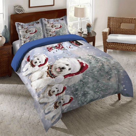 Personalized 3-piece Duvet Cover Bedding Set  Cute Sleeping Chibi Dog Bedding set, Christmas Penguin Queen Size Bedding Set, Bichon Frise Christmas Dog Running Bedding Set, Gifts for Bichon Frise