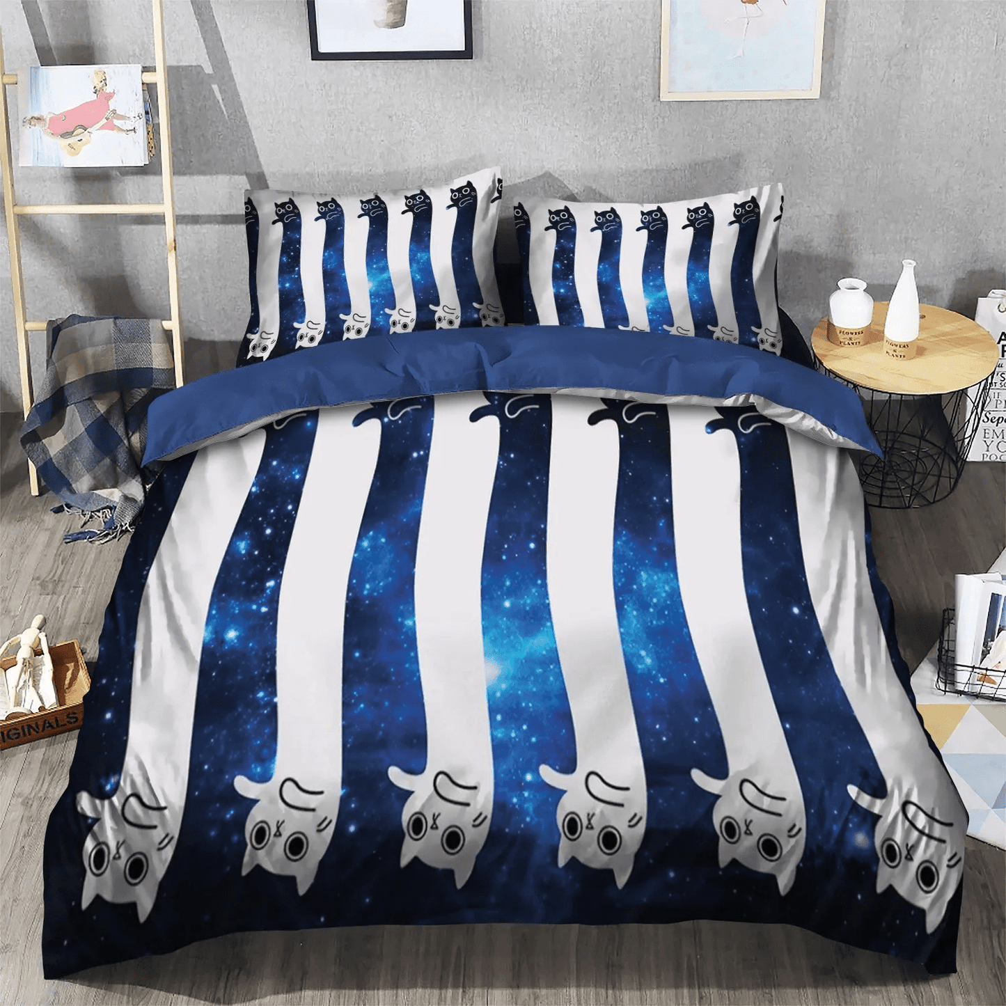 Astronaut Birthday King Size Bedding Set, Space Soft Duvet Cover Set, Blue And White Space Cat Bedding Set, Gifts for Cat