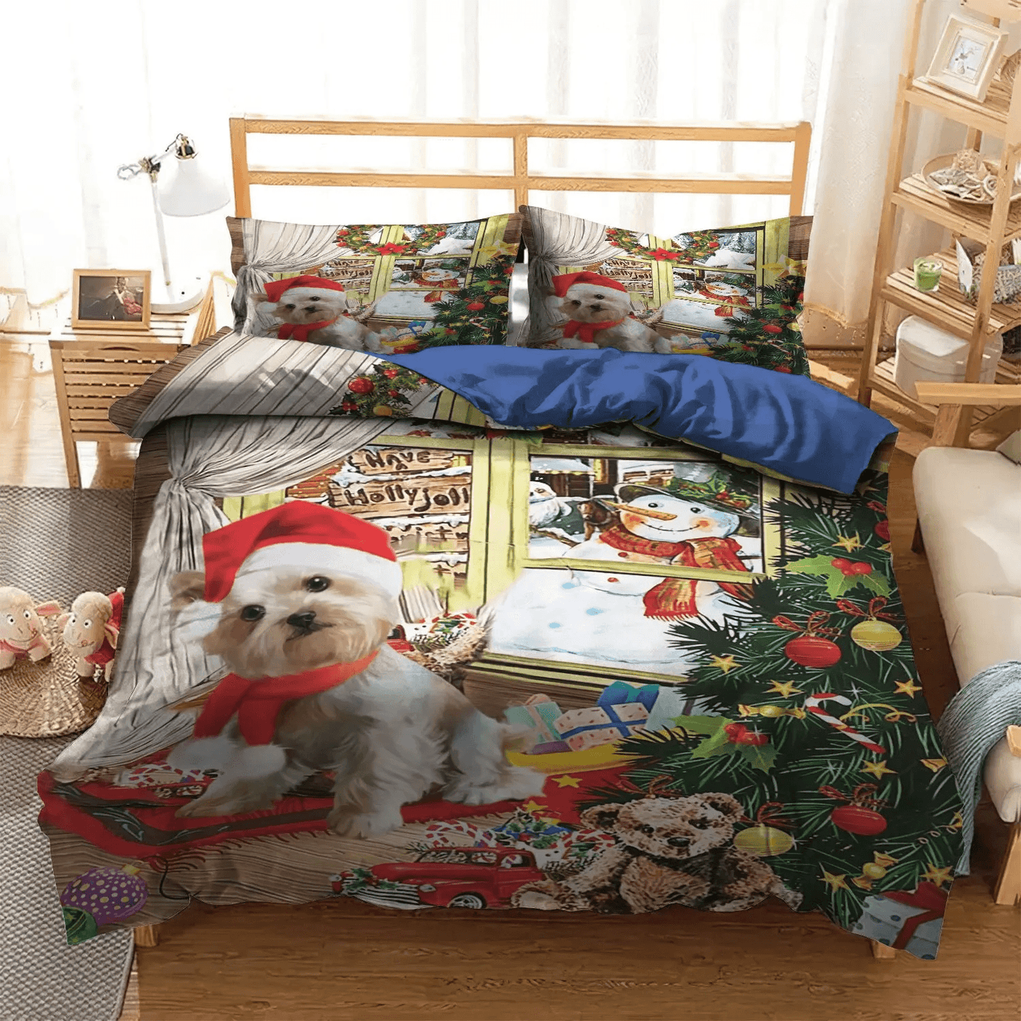 Yorkshire Terrier Mom Soft Duvet Cover Set, Yorkshire Terrier Stands Beside The Window Christmas Bedding Set, Gifts for Window