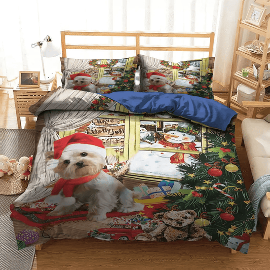 Yorkshire Terrier Mom Soft Duvet Cover Set, Yorkshire Terrier Stands Beside The Window Christmas Bedding Set, Gifts for Window