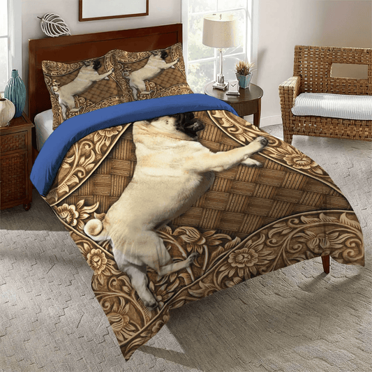 Funny Pug Dog Soft Duvet Cover Set, Cute Pug Queen Size Bedding Set, Pug King Size Bedding Set, Pug Wooden Sculpture Bedding Set, Gifts for Pug