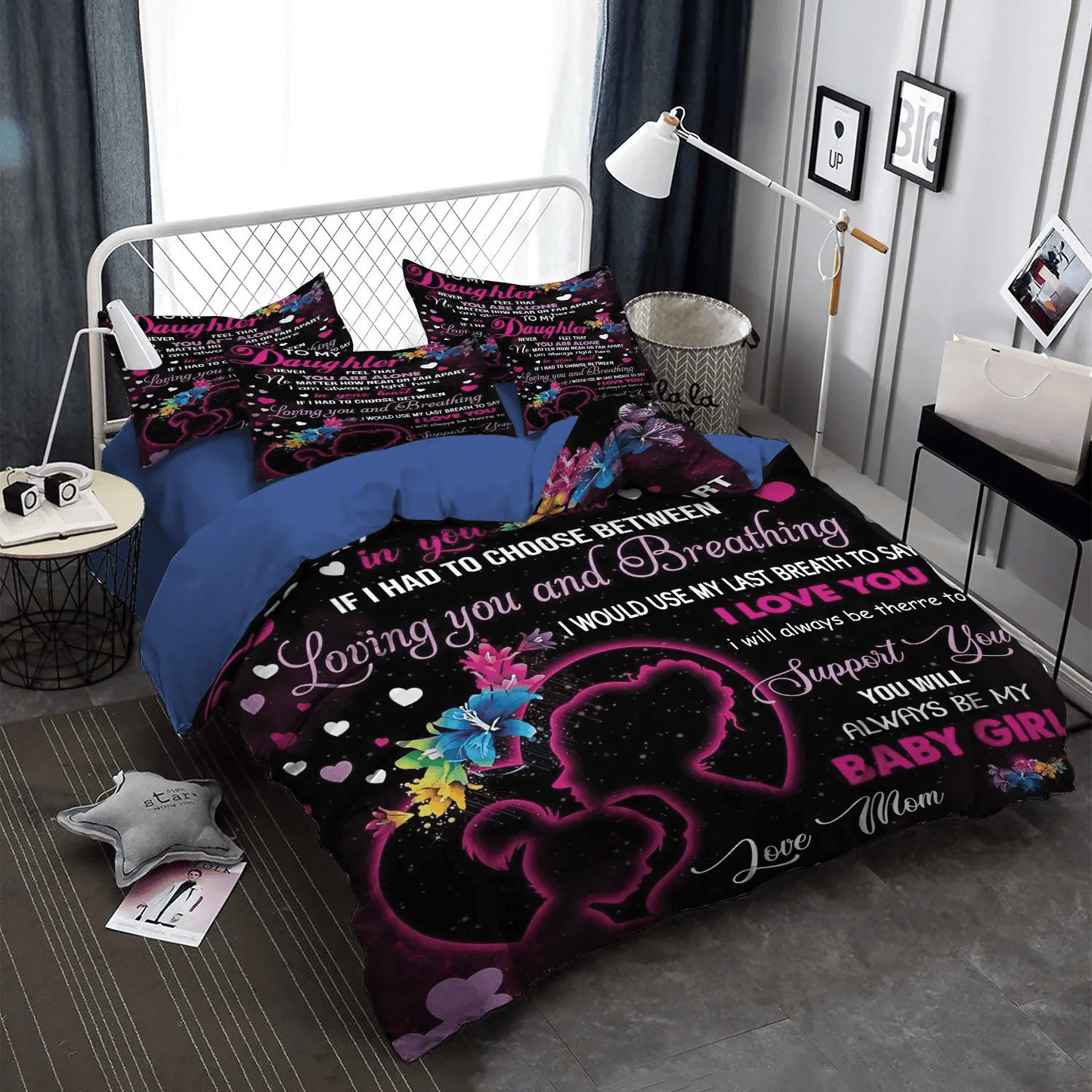 Daughter Bedding set, Special Pink Elephant Soft Duvet Cover Set, Support You For Daughter Black Pink Bedding Set, Gifts for Pink