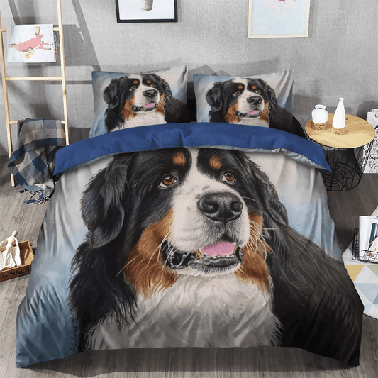 Cute Sleeping Chibi Dog King Size Bedding Set, Bernese Mountain Lover Floral Soft Duvet Cover Set, Bernese Mountain Dog Bedding Set, Gifts for Dog