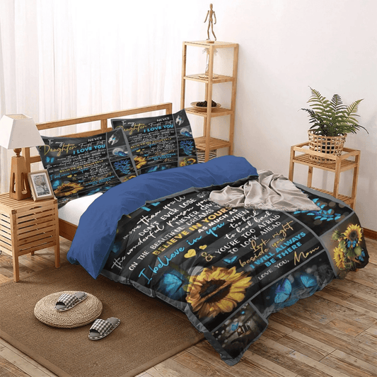 Personalized 3-piece Duvet Cover Bedding Set  Mother Mother King Size Bedding Set, Sunflower Butterfly To My Daughter I Will Always Be There Love Mom Bedding Set, Gifts for Mother