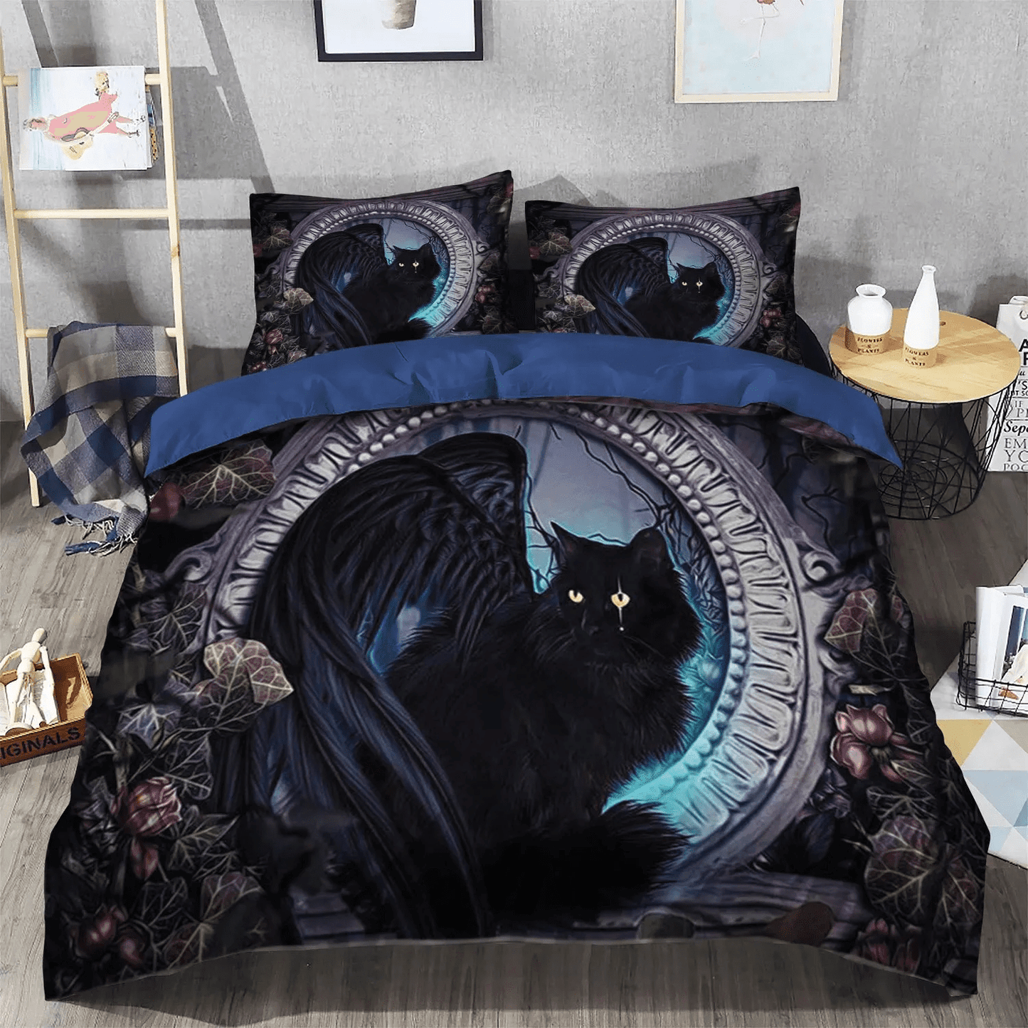 Black Cat Foals Bedding set, Black Cat Queen Size Bedding Set, Sundew Wings Soft Duvet Cover Set, Black Cat Wings Bedding Set, Gifts for Black Cat