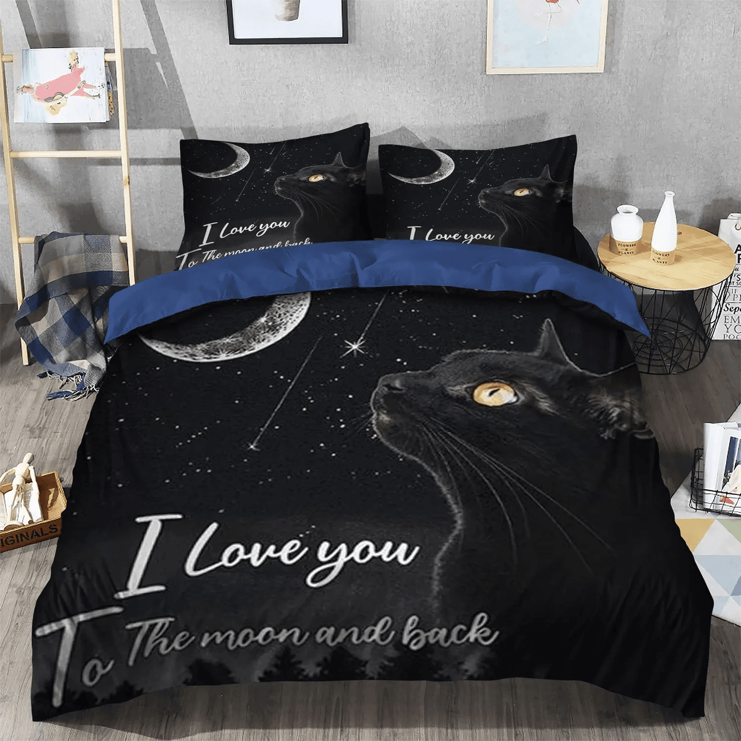 Black Cat Foals Soft Duvet Cover Set, Moon King Size Bedding Set, Black Cat I Love You To The Moon And Back Bedding Set, Gifts for Black Cat