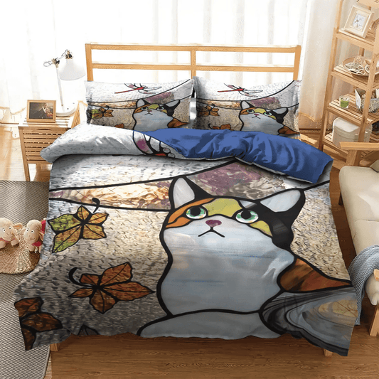 Stained Glass Soft Duvet Cover Set, Cat Paw Queen Size Bedding Set, Cat Tracks Bedding set, Cat Dragonfly Stained Glass Bedding Set, Gifts for Cat