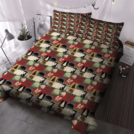 Blue Cat Lodge Soft Duvet Cover Set, Lodge Bedding set, Live Love Lodge King Size Bedding Set, Lodge Patchwork Bedding Set, Gifts for Lodge