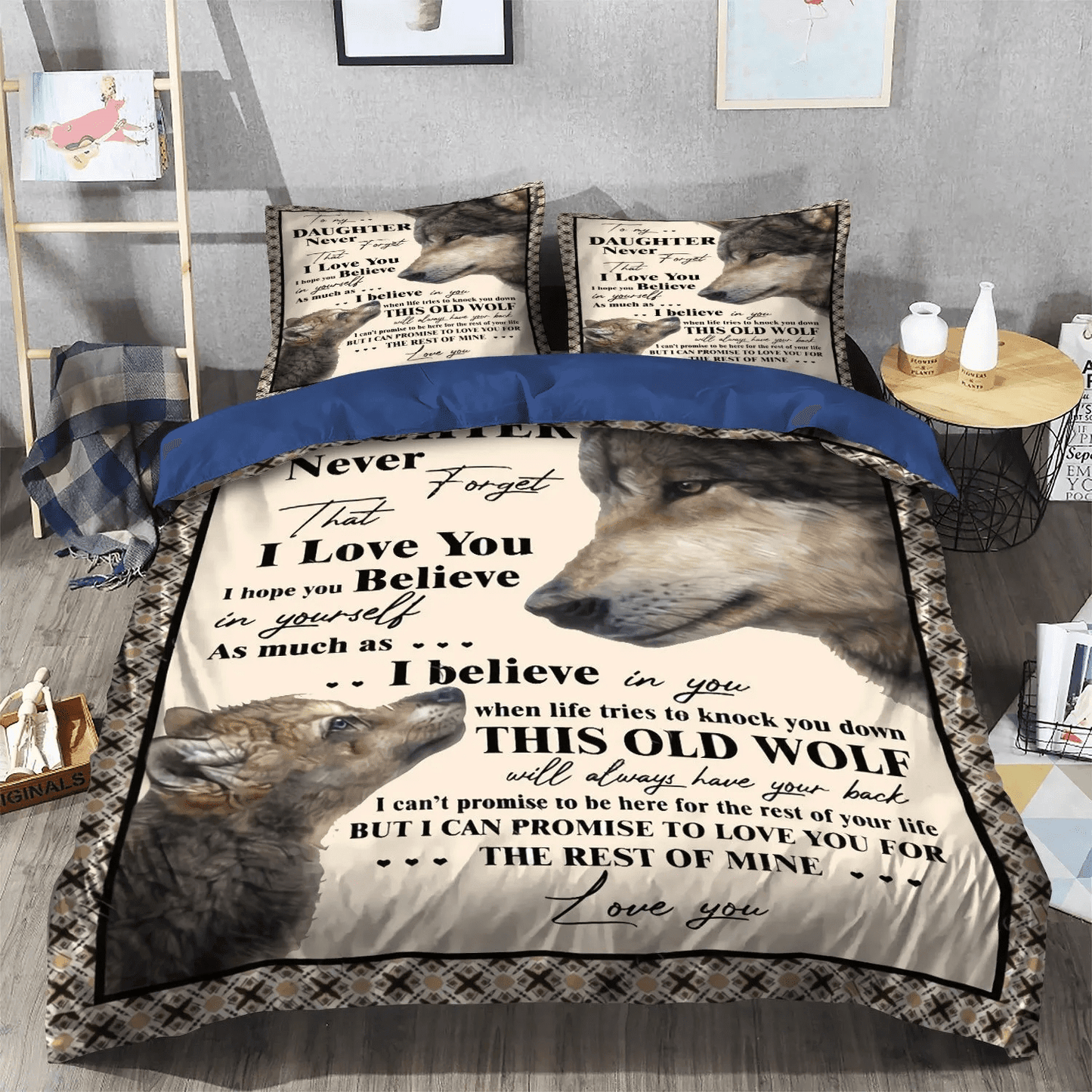 Daughters Bedding set, Wolf Art Soft Duvet Cover Set, Wolf Painting Queen Size Bedding Set, Wolf Daughter Bedding Set, Gifts for Daughter