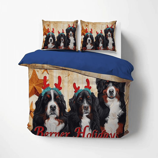 Bernese Mountain Dog Red Unique Soft Duvet Cover Set, Bernese Mountain Dog Bernese Holiday Bedding Set, Gifts for Dog