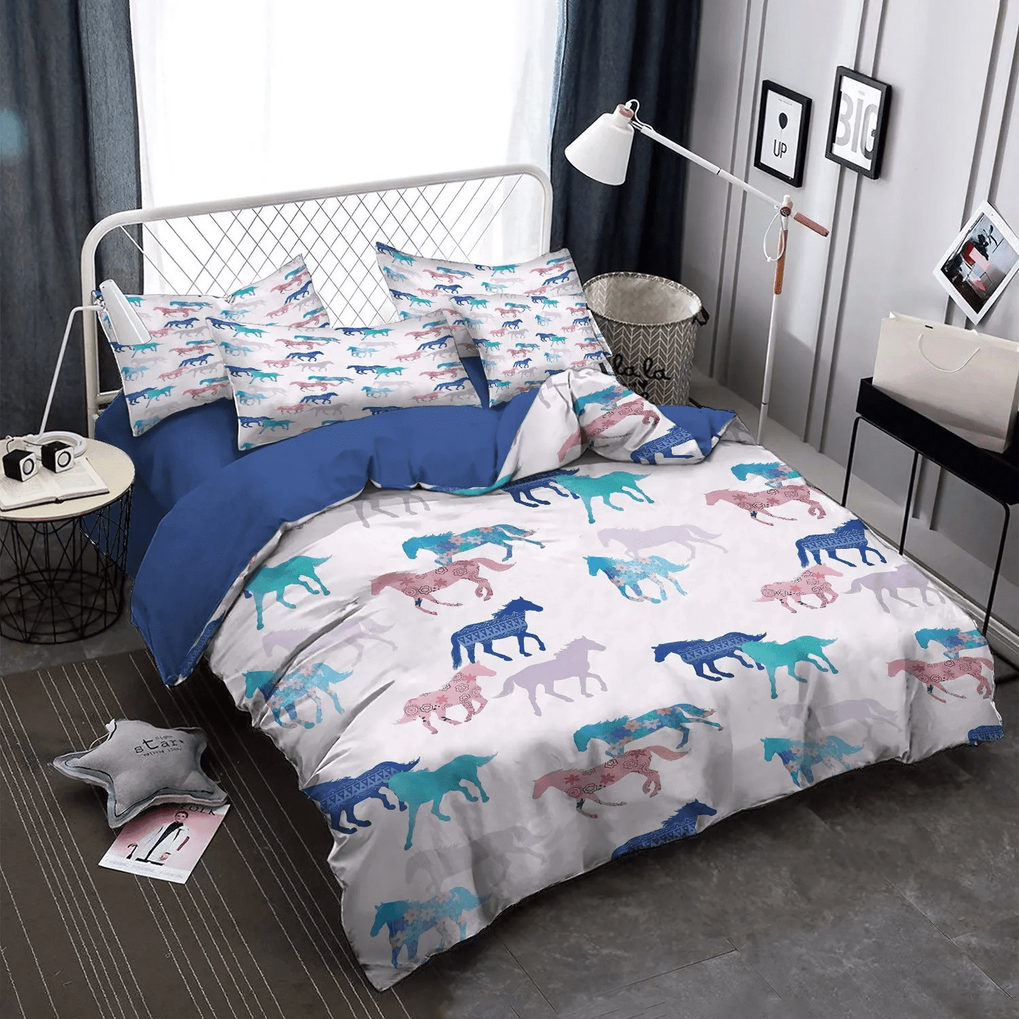 Abstract Horse Queen Size Bedding Set, Horse Bedding set, Galloping Horse Soft Duvet Cover Set, Flower Horse HCD Bedding Set, Gifts for Flower