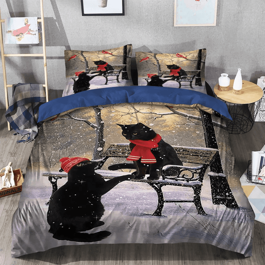 Black Cat Nsn Transparent Bedding set, Winter Sports Soft Duvet Cover Set, Black Cat Hello Winter Bedding Set, Gifts for Winter