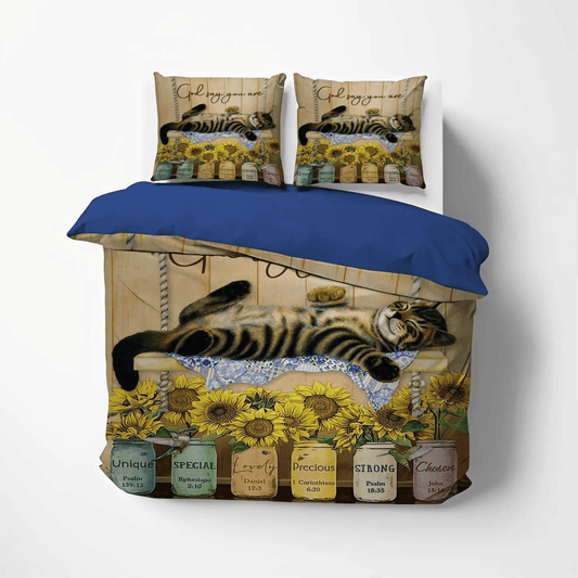 Cat Paw Soft Duvet Cover Set, Sunflower King Size Bedding Set, Flowers Bedding set, Cat Sunflowers Bedding Set, Gifts for Cat