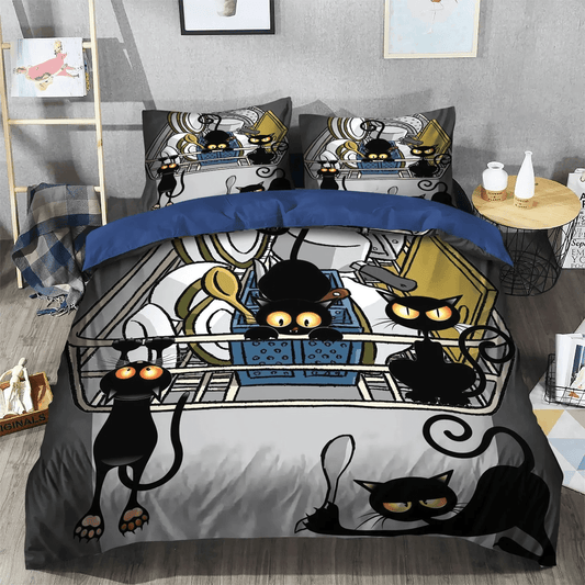 Black Cat Foals Soft Duvet Cover Set, Black Cat Bedding set, Black Cat Dishes Bedding Set, Gifts for Black Cat