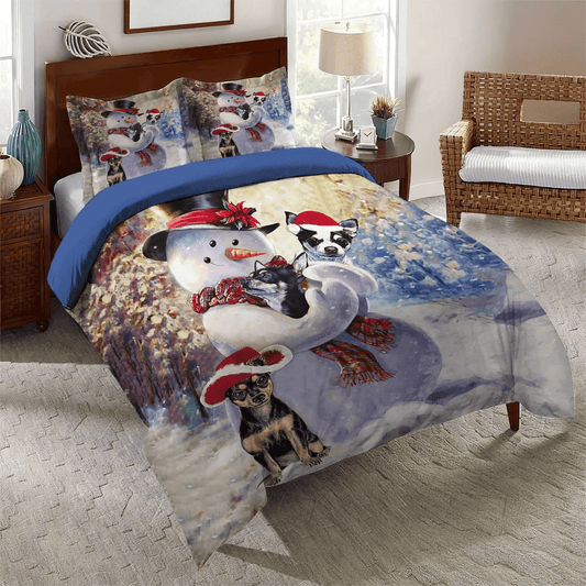 Chihuahua Stalker Bedding set, Chihuahua Dog Lover Soft Duvet Cover Set, Chihuahua Snowman Christmas Bedding Set, Gifts for Snowman