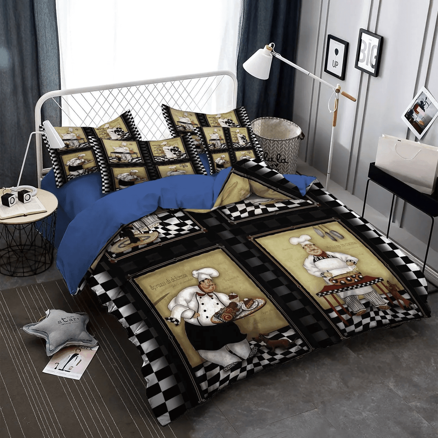 Cute Sleeping Chibi Dog King Size Bedding Set, Chef Soft Duvet Cover Set, Sous Chef Bedding set, Chef And Dog Bedding Set, Gifts for Chef