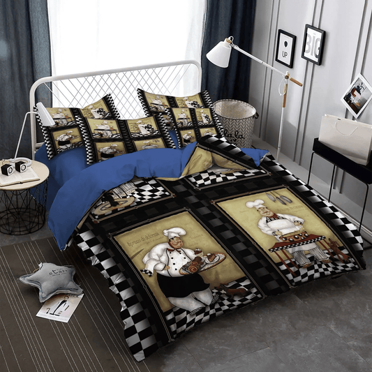 Cute Sleeping Chibi Dog King Size Bedding Set, Chef Soft Duvet Cover Set, Sous Chef Bedding set, Chef And Dog Bedding Set, Gifts for Chef