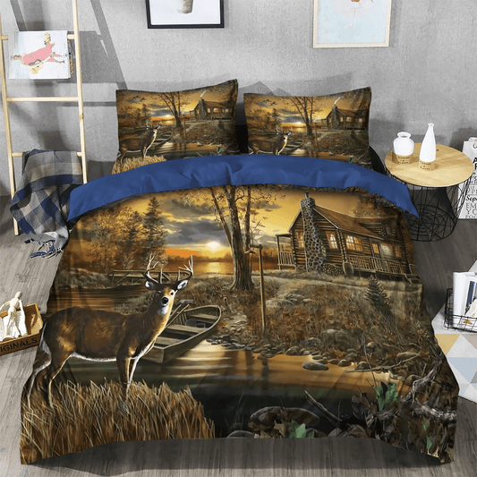 Christmas Deer Soft Duvet Cover Set, Deer King Size Bedding Set, Deer Hunting On The Ri Bedding Set, Gifts for Hunting