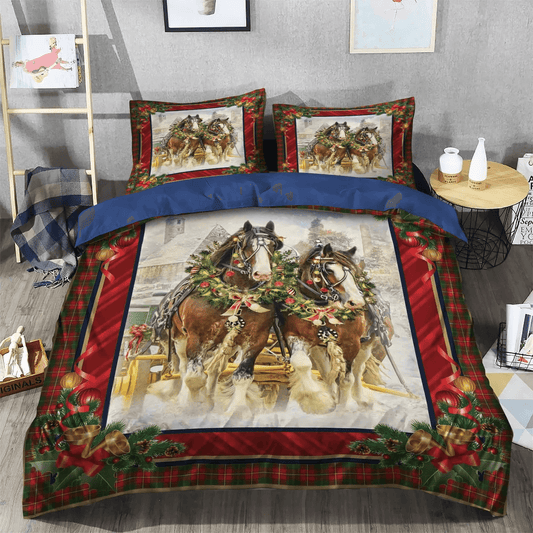 Merry Christmas Quotes Queen Size Bedding Set, Colorful Horse Soft Duvet Cover Set, Christmas Horse ZN Bedding Set, Gifts for Christmas
