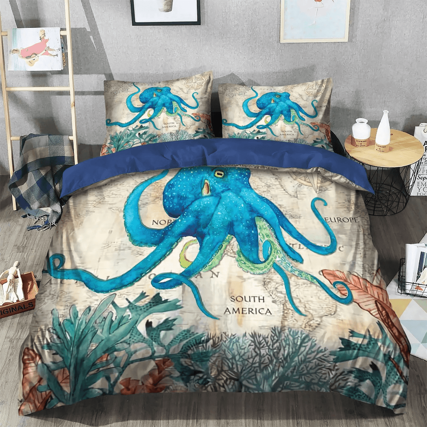 Adorable Octopus King Size Bedding Set, Sea Horse Soft Duvet Cover Set, Octopus Sea Species Bedding Set, Gifts for Octopus