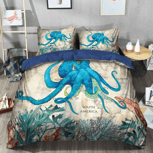 Adorable Octopus King Size Bedding Set, Sea Horse Soft Duvet Cover Set, Octopus Sea Species Bedding Set, Gifts for Octopus