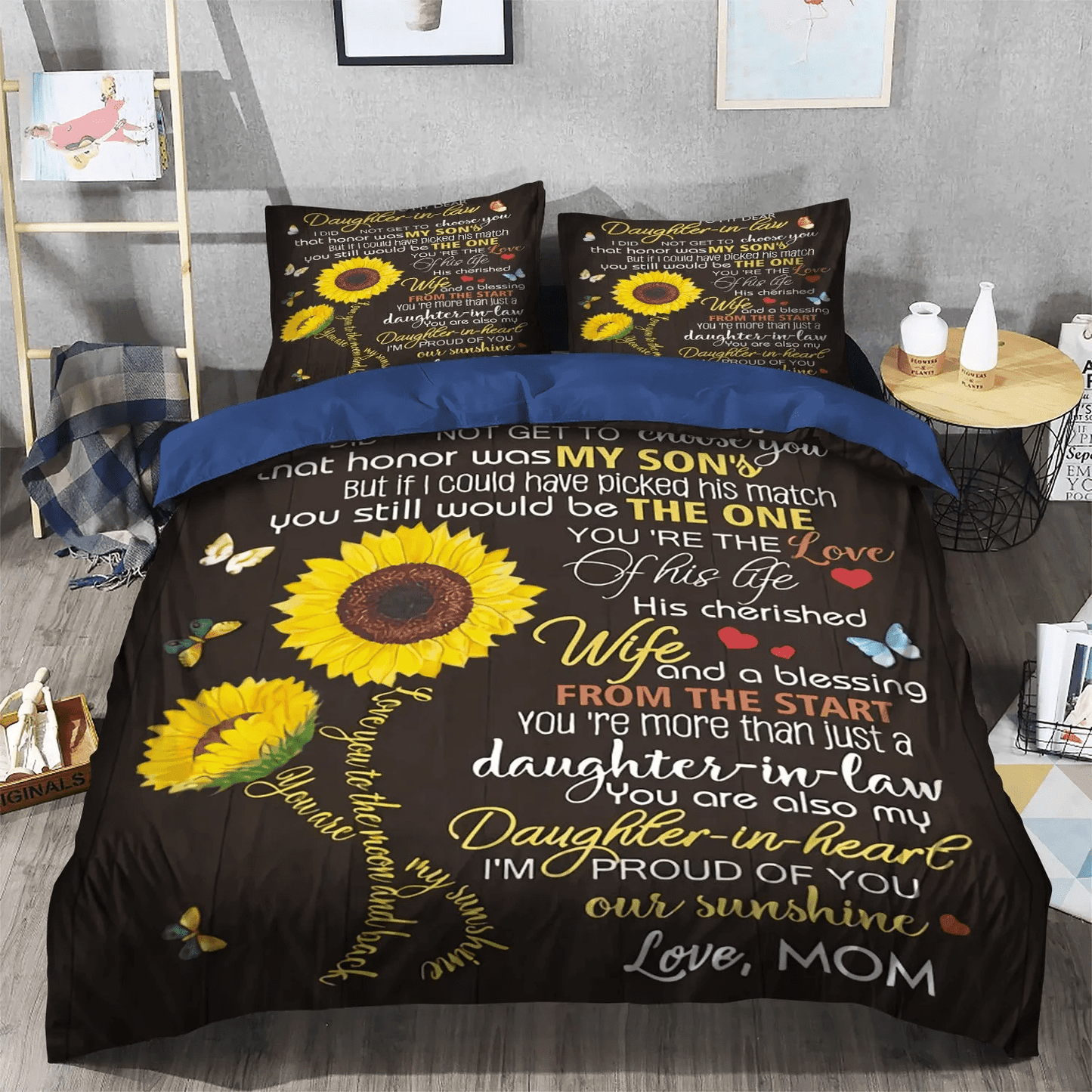 Giraffes Make My Daughter Happy Soft Duvet Cover Set, Sunflower Butterfly To My Dear Daughter In Law Love Mom Bedding Set, Gifts for Sunflower