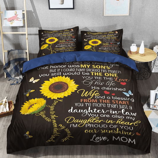 Giraffes Make My Daughter Happy Soft Duvet Cover Set, Sunflower Butterfly To My Dear Daughter In Law Love Mom Bedding Set, Gifts for Sunflower