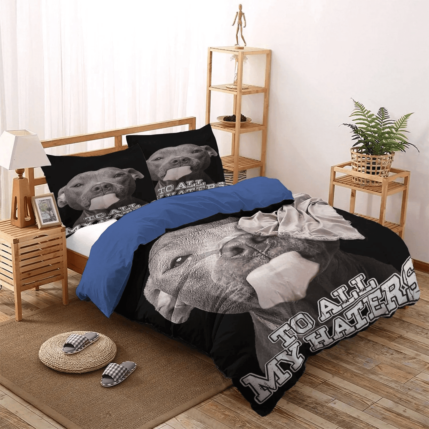 Cute Sleeping Chibi Dog King Size Bedding Set, Pitbull Dog Soft Duvet Cover Set, Pitbull Dog Bedding Set, Gifts for Dog