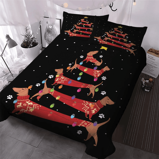 Dachshund Soft Duvet Cover Set, Trees Bedding set, Dachshund Dog Christmas Tree Bedding Set, Gifts for Christmas
