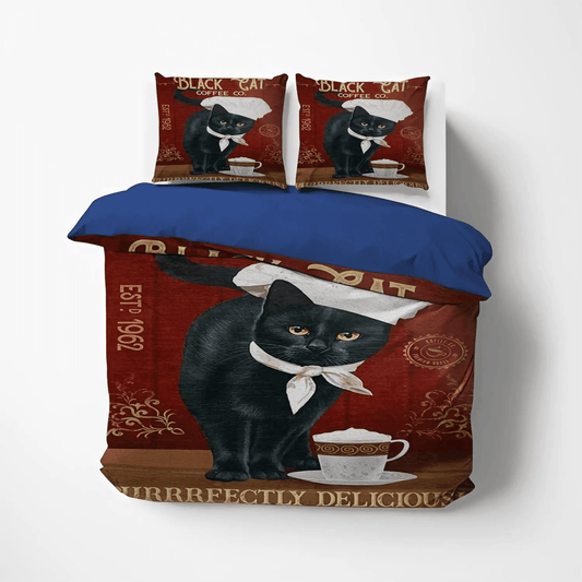 Halloween Black Cat Spiral Soft Duvet Cover Set, Black Cat Foals King Size Bedding Set, Black Cat Coffee Bedding Set, Gifts for Coffee