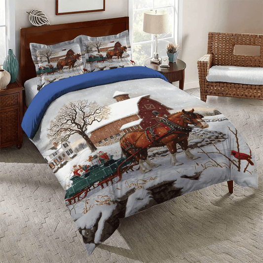 Christmass Soft Duvet Cover Set, Farm Bedding set, Christmas Farm Horse With Cardinal Bedding Set, Gifts for Farm