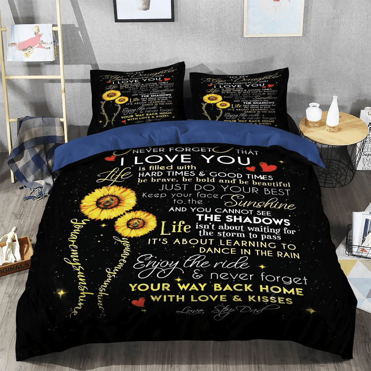 Great Dad Bedding set, Parenting Soft Duvet Cover Set, Sunflower To My Step Daughter Step Dad My Only Sunshine Bedding Set, Gifts for Daughter