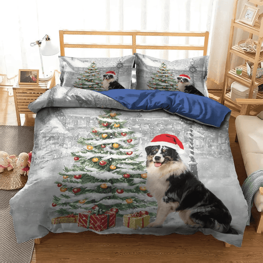 Trees Soft Duvet Cover Set, Comic Bedding set, Christmass Queen Size Bedding Set, Aussie Dog Christmas Tree Streets Bedding Set, Gifts for Tree
