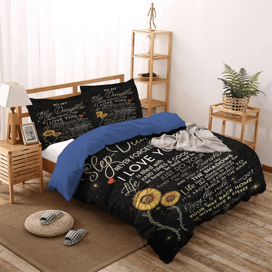 Personalized 3-piece Duvet Cover Bedding Set  Father Bedding set, Sunshine Queen Size Bedding Set, Sunflower To My Step Daughter Step Dad My Only Sunshine Bedding Set, Gifts for Sunflower